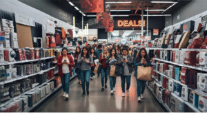 tłum w sklepie wpatrzony w telefon