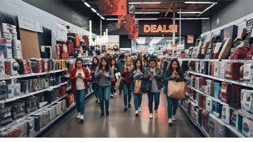 tłum w sklepie wpatrzony w telefon